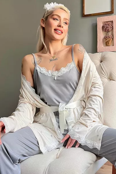 Cream Gray Star Pattern Bambu Robe Women's Pajama Set