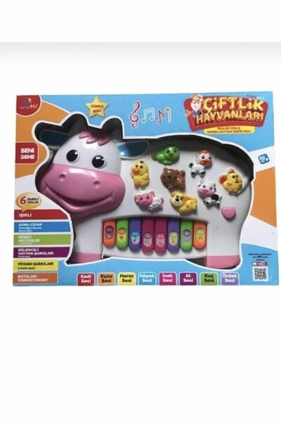 Piano de vache coloré avec piles, lumières, chansons, questions-réponses en turc, sons d’animaux de la ferme