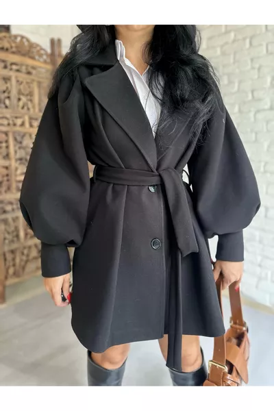 معطف كاشمير نسائي بأكمام منفوخة وحزام