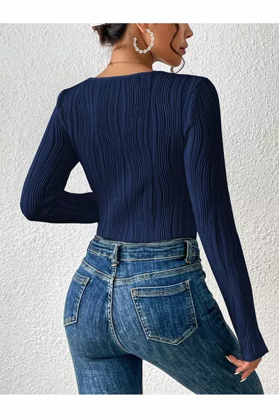 Blusa blu scuro con elastan, vita alta, maniche lunghe, scollo quadrato, tessuto a maglia, primavera, autunno, inverno