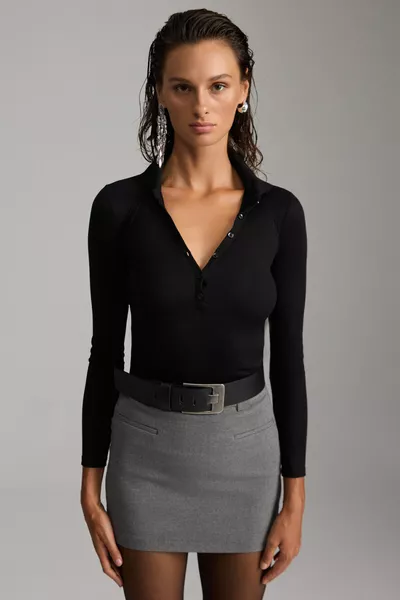 Blouse noire femme SAYDA à col polo Slim Fit en mélange de viscose