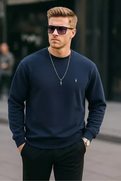 Navy Blue Color Basic Crew Neck Relaxed Regular Men's Sweatshirt