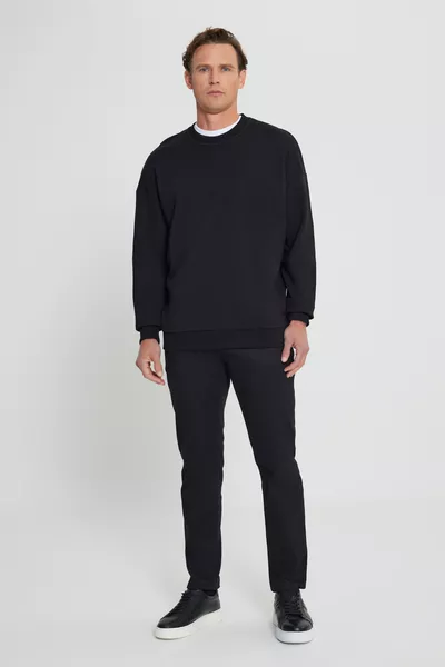 Men's Black Oversized Loose Fit 3-Ply Cotton Crew Neck Sweatshirt