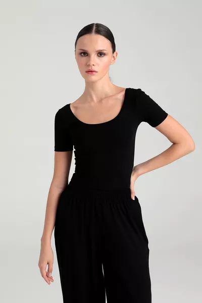 Ultra Soft Oval Neck Short Sleeve Blouse Black