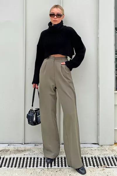 Pantalon Palazzo Femme Kaki Hera Ceinture Élastique avec Poches