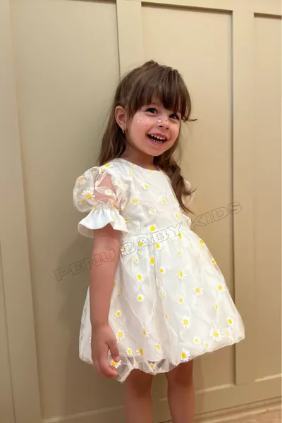 Beyaz Papatya Nakış Işlemeli Kısa Kol Kız Bebek - Çocuk Elbise - Elisa