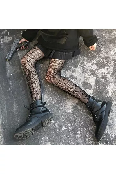 جوارب داخلية مصدرة بنمط شبكة العنكبوت على طراز بونك قوثيك لوليتا