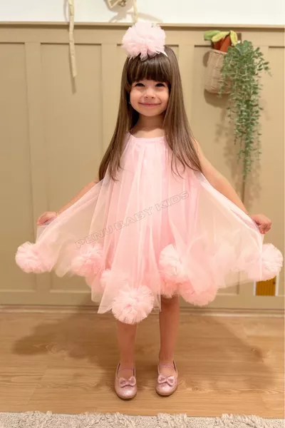 Roze Mouwloze Jurk met Pompons en Pompondiadeem voor Meisjes & Babymeisjes - Lara