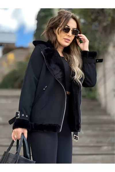 Дамско черно велурено байкърско яке с пълна подплата от коприна, качулка с кожа и колан на талията