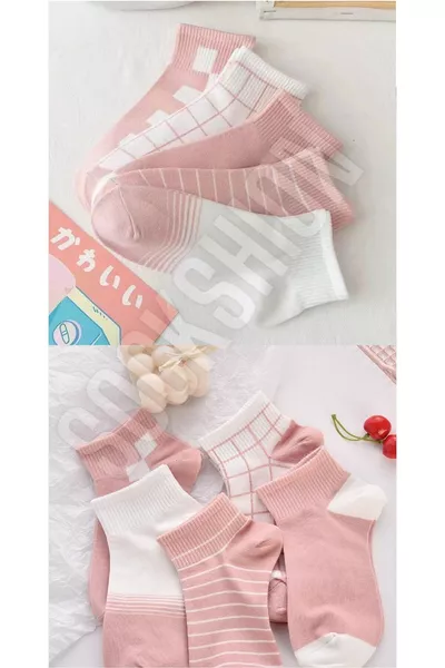 Women's Pink Patterned Half-Calf College Sock Set - 5 Pairs