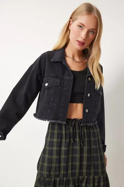 Women's Black Tassel Detail Denim Crop Jacket