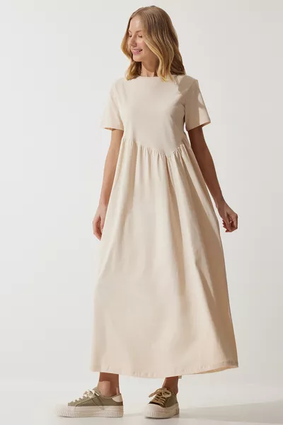 Damen Lang gestricktes Kleid mit Vanille-Raffung 