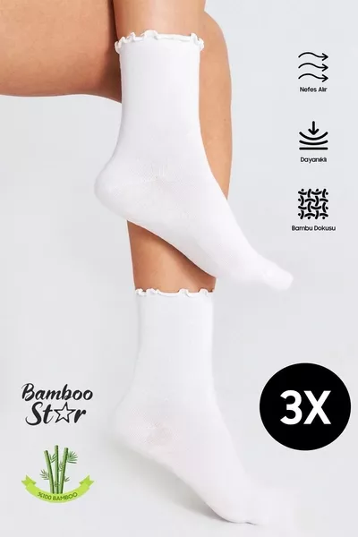Бамбуковые женские белые носки без резинки с оборкой, бесшовные, набор 3 штуки, не оставляют следов / не сдавливают