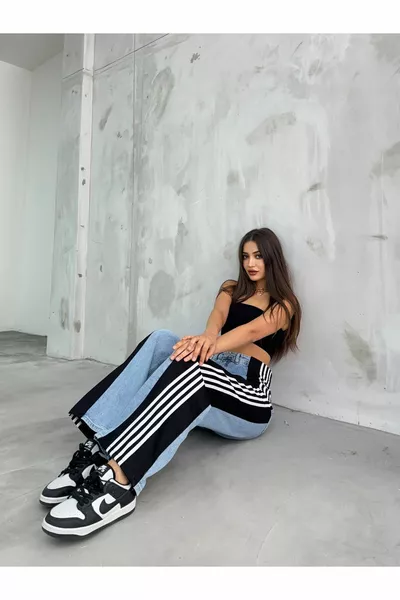 Kadın Yüksek Bel Açık Mavi Yanı Şeritli Wide Leg Jean