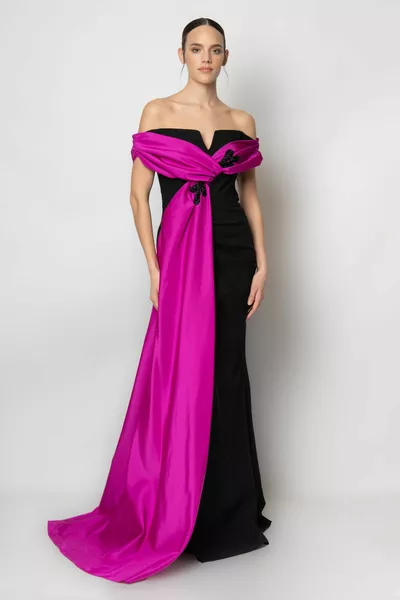 Göğüsten parçalı işlemeli şal yaka krep abiye elbise