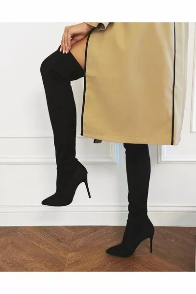 Женская черная замша тонкие туфли на высоком каблуке стрейч стрейч носки вечерние платья остроконечные сапоги выше колена длинные сапоги