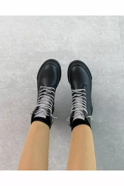 Serena Black Stone Stivali postali impermeabili in pelle con cerniera con lacci da donna