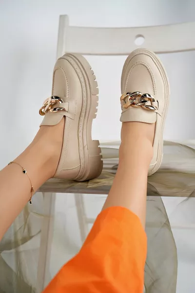 Women's Thick Sole Loafer Loafers Beige Vegan Leather Gold Chain