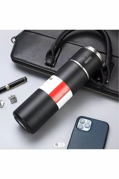 Термос от неръждаема стомана Черен цвят Комплект термос с 3 чаши Комплект вакуумен термос