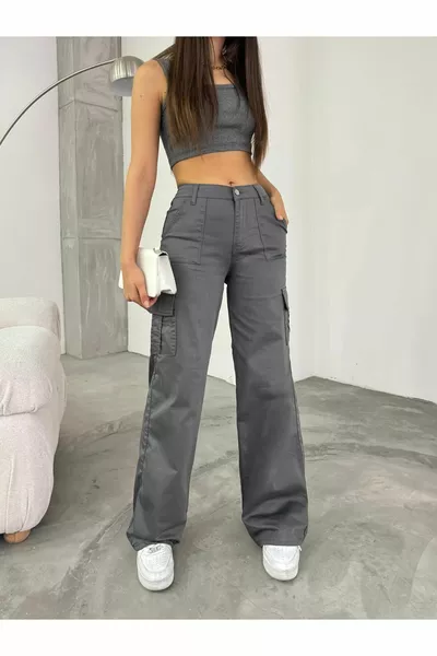 Pantalon large taille haute en lycra gris