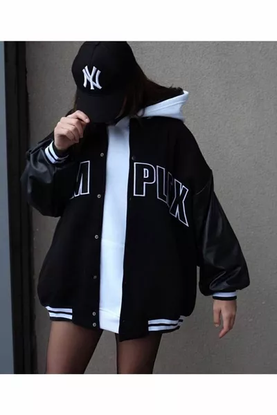 Унисекс оверсайз черный сложный рукав кожаная студенческая куртка