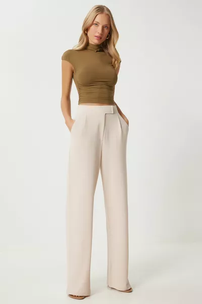 Pantaloni in tessuto casual Velcro crema da donna 