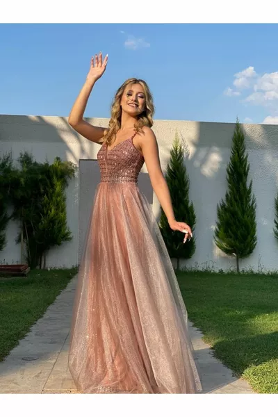 Rope Strap Glitter Tulle Embroidered Kiloş New Season Evening Dress  