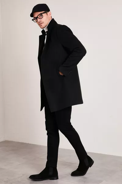 معطف رجالي صوف بقصة ضيقة، زر واحد، شق واحد، وياقة أحادية KABAN 