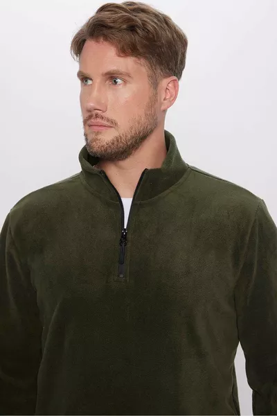 Felpa in pile con collo alto, colore kaki scuro, unisex, taglio standard, comoda, resistente al freddo e che non forma pelucchi