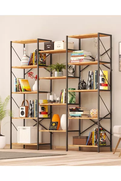 Metal -Shelf Wide Bookcase Store Shelf Office Multi-Shelf Bookcase Large Wooden Library XL Maxi