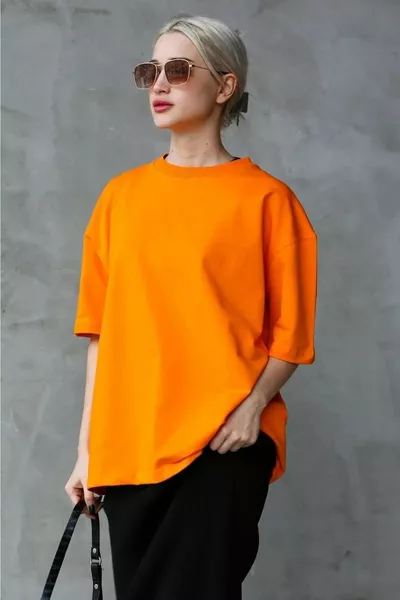 Super Quality Unisex Cotton Orange Crew Neck Oversized Boyfriend T-shirt Women Men Orange