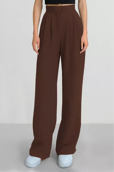 بنطال بالازو نسائي بني واسع الساق مرتفع الخصر مع إغلاق لاصق