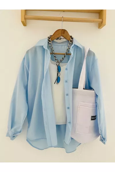 Women's ABS Boyfriend Long Basic Baby Blue Modest Shirt