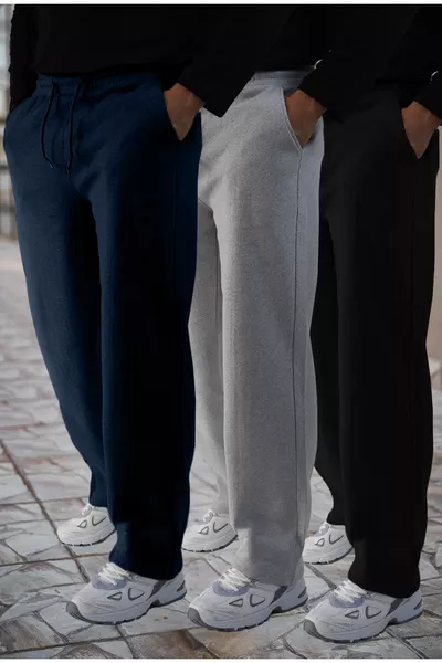 Unisex 3-Piece Sweatpants Set – Knitted Fabric, Comfortable Sporty Baggy Fit (Black-Gray-Navy)
