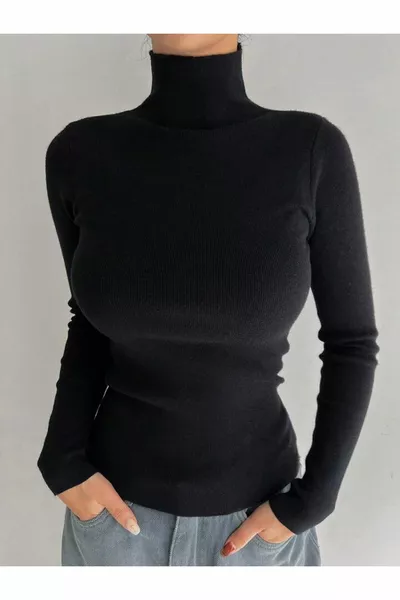 Unisex Dark Black Premium Cotton Ribbed Turtleneck Sweater with Slim Fit and Brushed Finish