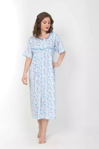 Women's Blue Short Sleeve Patterned Cotton Nightgown