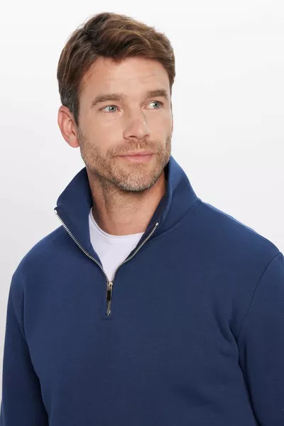 Unisex Relaxed Fit Comfortable Cotton Sweatshirt with Fleece Lining, Half-Zip, Navy, Stand Collar
