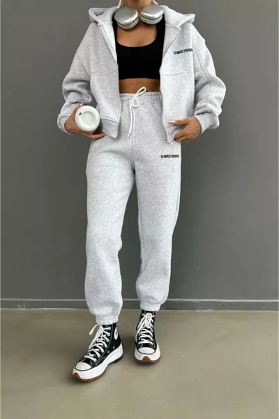 Wrst Winter Cardigan Sweatpants Set - Gray Printed Zip-Up Oversized Hoodie