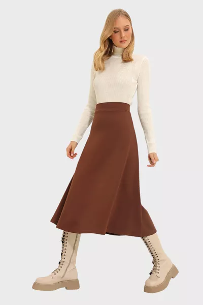 تنورة نسائية عالية الخصر بنمط A وطول ميدي مع خصر مطاطي 