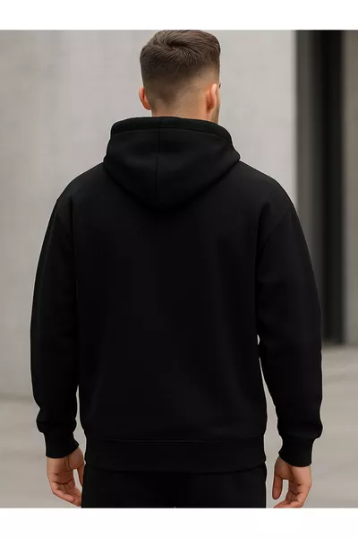 سويت شيرت رجالي أسود بأكمام واسعة مع قلنسوة