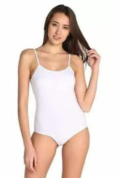 Женское боди с белыми лямками из трикотажа с люрексом и застежкой на крючки