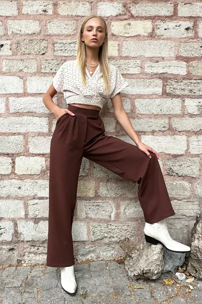 Kadın Kahve Yüksek Bel Çift Cepli Pileli Cırt Kapamalı Palazzo Pantolon 