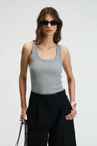 LILLESOL Damen Ripp-Optik Slim Fit Enganliegendes Basic Top mit Rundhalsausschnitt aus Baumwolle in Anthrazit