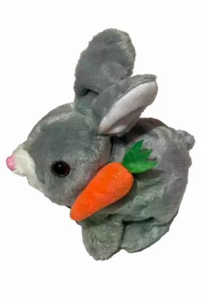 أرنبة محشوة متحركة بالقفز وصوتية بالبطارية من نيوير، لون رمادي، مع جزرة، حجم سنتيمتر