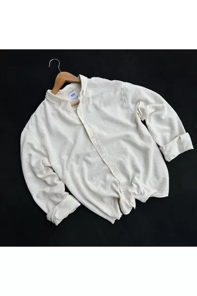 قميص رجالي واسع بياقة قميص بأكمام طويلة من الكتان للصيف