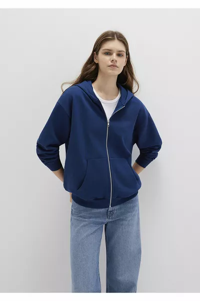 سويت شيرت أساسي أزرق كحلي بغطاء رأس بسحاب 