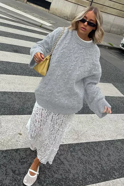 Maglione a Maglia con Scollo Rotondo Grigio 