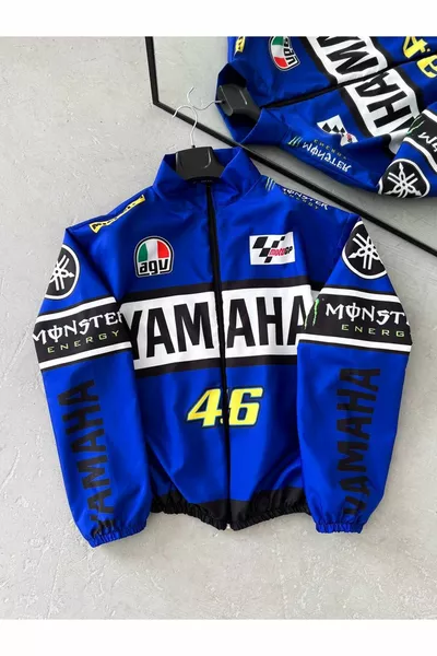 معطف مضاد للرياح ومطر أزرق كبير الحجم بطبعة YMH من قماش الباراشوت للجنسين