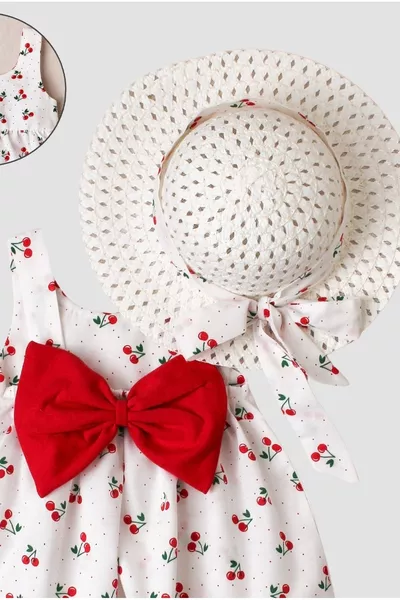 Meisjesbabyjurk met kersenprint, hoed en strik