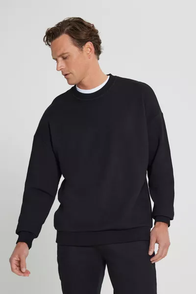Men's Black Oversized Loose Fit 3-Ply Cotton Crew Neck Sweatshirt